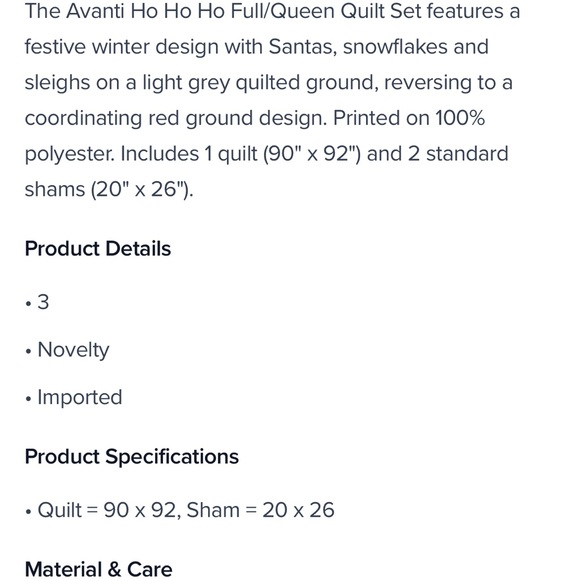 NWT AVANTI home full/queen CHRISTMAS quilt and sham set. - Picture 6 of 16